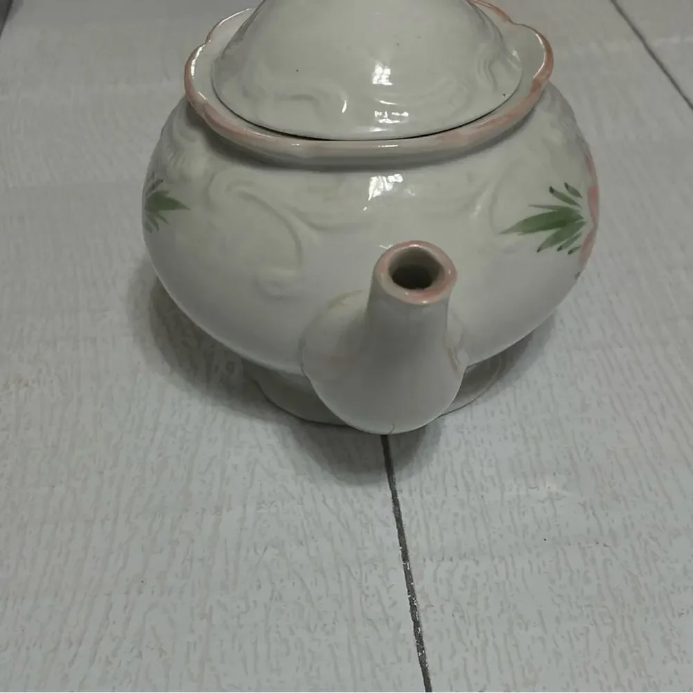 Vintage Pink Floral Teapot White Ceramic Cottage Decor